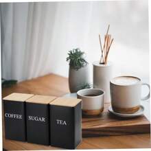 Coffee Tea Sugar Container Set Of 3 Iron Tea Coffee Sugar Canister Set With Bamboo Lid And Name Marker Simple Square Kitchen Canister Set For Coffee Tea Sugar Storage - Multicolor - View 8