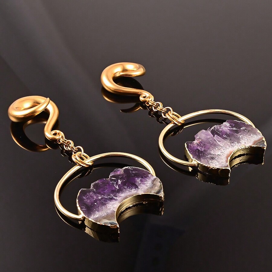 2 PCS Amethyst Stone Dangle Hook Ear Weight Hangers 316 Stainless Steel