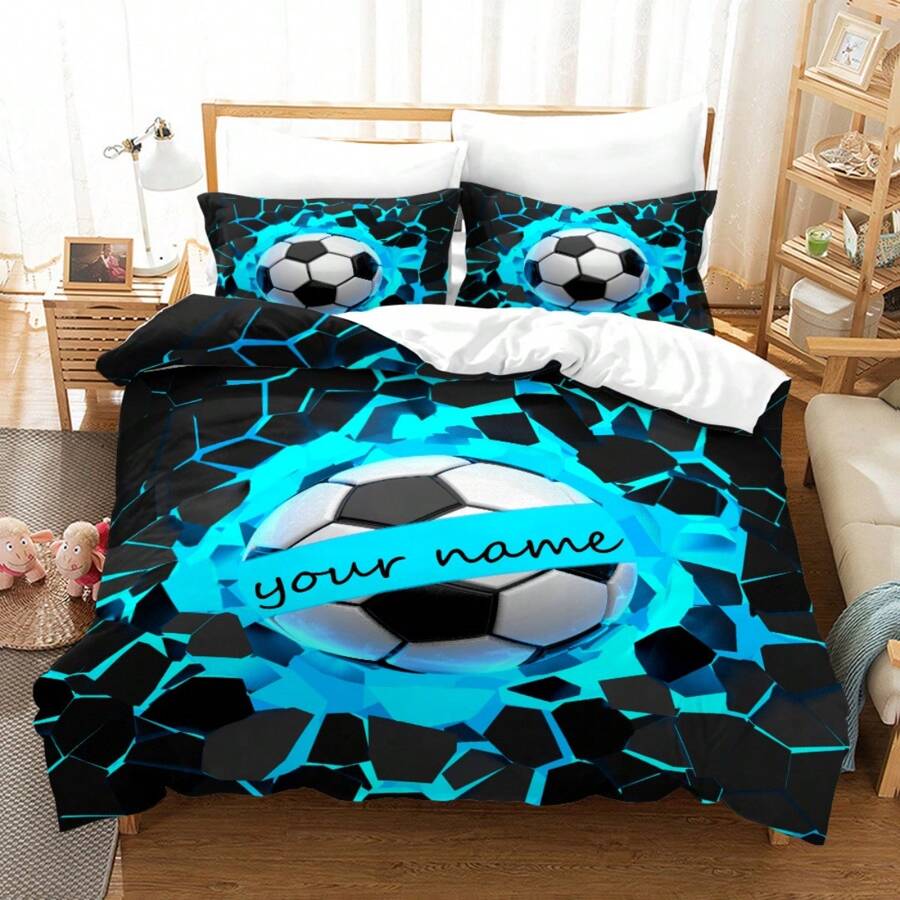 Ensemble de housse de couette personnalisé avec impression de football et de nom - Fibre de polyester douce, résistante à la décoloration, fermeture éclair - Comprend 1 housse de couette et 2 taies d'oreiller (intérieur non inclus) - Convient pour toutes les saisons