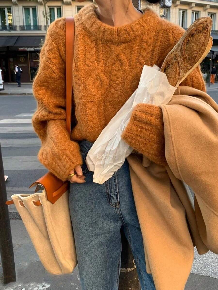 Suéter de mujer tipo cropped, de ajuste holgado, con diseño de giro, estilo vintage y casual, en color naranja atardecer, para otoño/invierno, ideal para el Día de San Valentín y atuendos de San Valentín para mujeres - Naranja - Ver 1