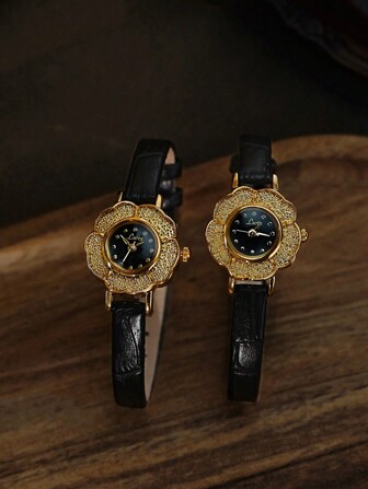 1pc New Vintage French Style Camellia Flower Golden Small Dial Ladies Watch, Fashion Minimalist Elegant Luxury Petite Waterproof Quartz Watch, Soft Comfortable B Color, Suitable For Daily Wear, Formal Event And Gift For Festival Or Birthday Valentines