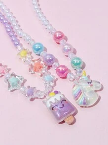 2 件套女孩可爱独角兽吊坠项链手链串珠首饰套装，适合女孩节日派对生日礼物，日常佩戴，颜色随机