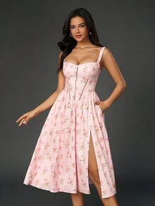 露背荷叶边印花修身吊带连衣裙，带口袋，碎花连衣裙，粉色连衣裙（女款）夏季优雅度假 - 粉色 - 查看 7