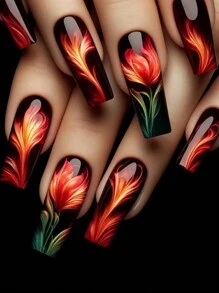 24 Miếng dán móng tay hình hoa hồng đỏ ballet dài ngọt ngào + 1 miếng keo dán thạch + 1 dải ma sát thích hợp cho phụ nữ và trẻ em gái trang trí móng tay hàng ngày - Nhiều màu - Xem 1