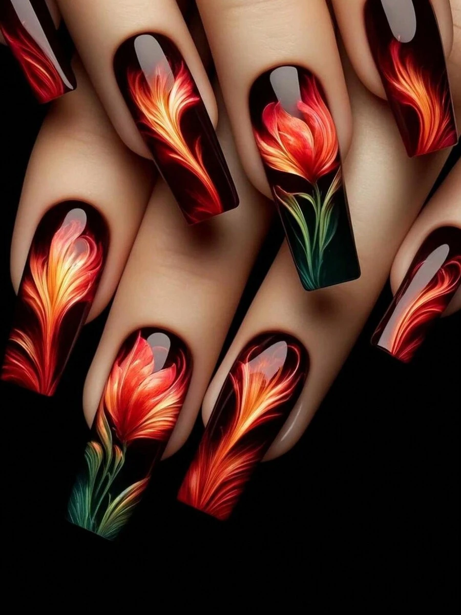 24 Miếng dán móng tay hình hoa hồng đỏ ballet dài ngọt ngào + 1 miếng keo dán thạch + 1 dải ma sát thích hợp cho phụ nữ và trẻ em gái trang trí móng tay hàng ngày - Nhiều màu - Xem 1