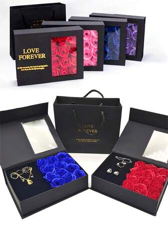 1pc Romantic Artificial Rose 12pcs Flower Gift Box With Gift Bag, Jewelry Packaging Box For Necklace, Bracelet, Ring, Suitable For Valentine's Day, Mother's Day, Birthday And Wedding Anniversary (Necklace Not Included),