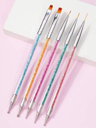 5 pezzi Pennelli per arte di unghie, pennelli per arte di unghie a doppia punta per acrilico, strumenti per arte di unghie per linee lunghe, dettagli sottili, disegni fini, colorazione delicata, pennelli per linee allungate e penne per puntini per la manicure francese