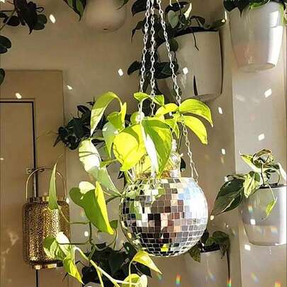 OBOVAY 1个迪斯科球花盆，悬挂式镜面球塑料花盆，园艺篮，迪斯科花盆，节日装饰，家居装饰，房间装饰，墙面装饰，生日/毕业礼物