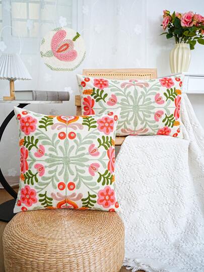 1pc Colorful Flower Exquisite Embroidery Cushion Throw Pillow Cover Without Insert, For Various Home Decor Rama Decoration Rama