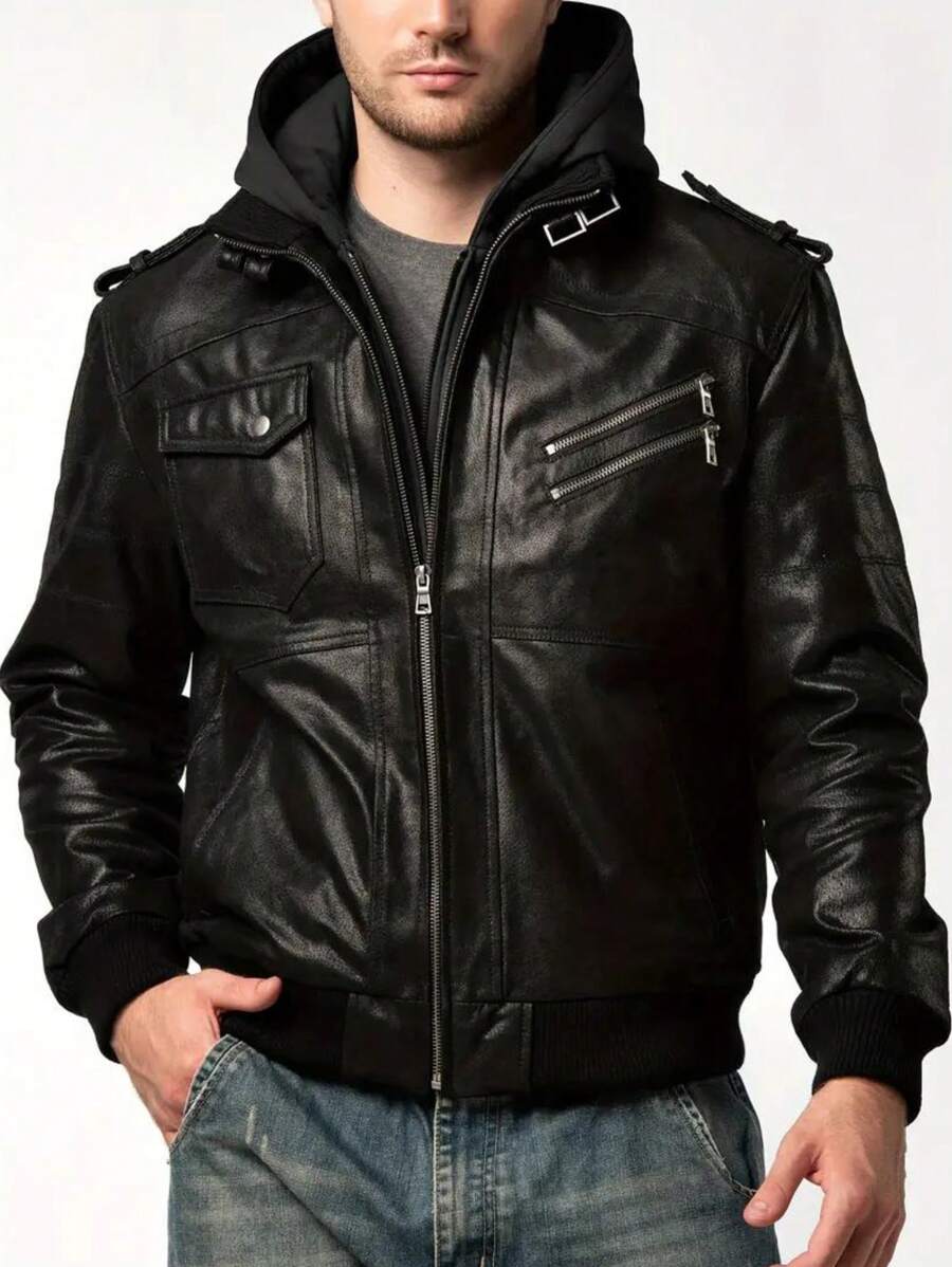 2024 New Fashion Solid Color PU Leather Jacket Men,Detachable Hood,Simple & Versatile Men Coat