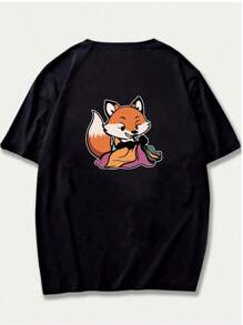Fox Print T-Shirt Is Knitting Clothes Unisex Blouse Menswear Comfort Printed Casual Premium - 黑色 - 查看 3