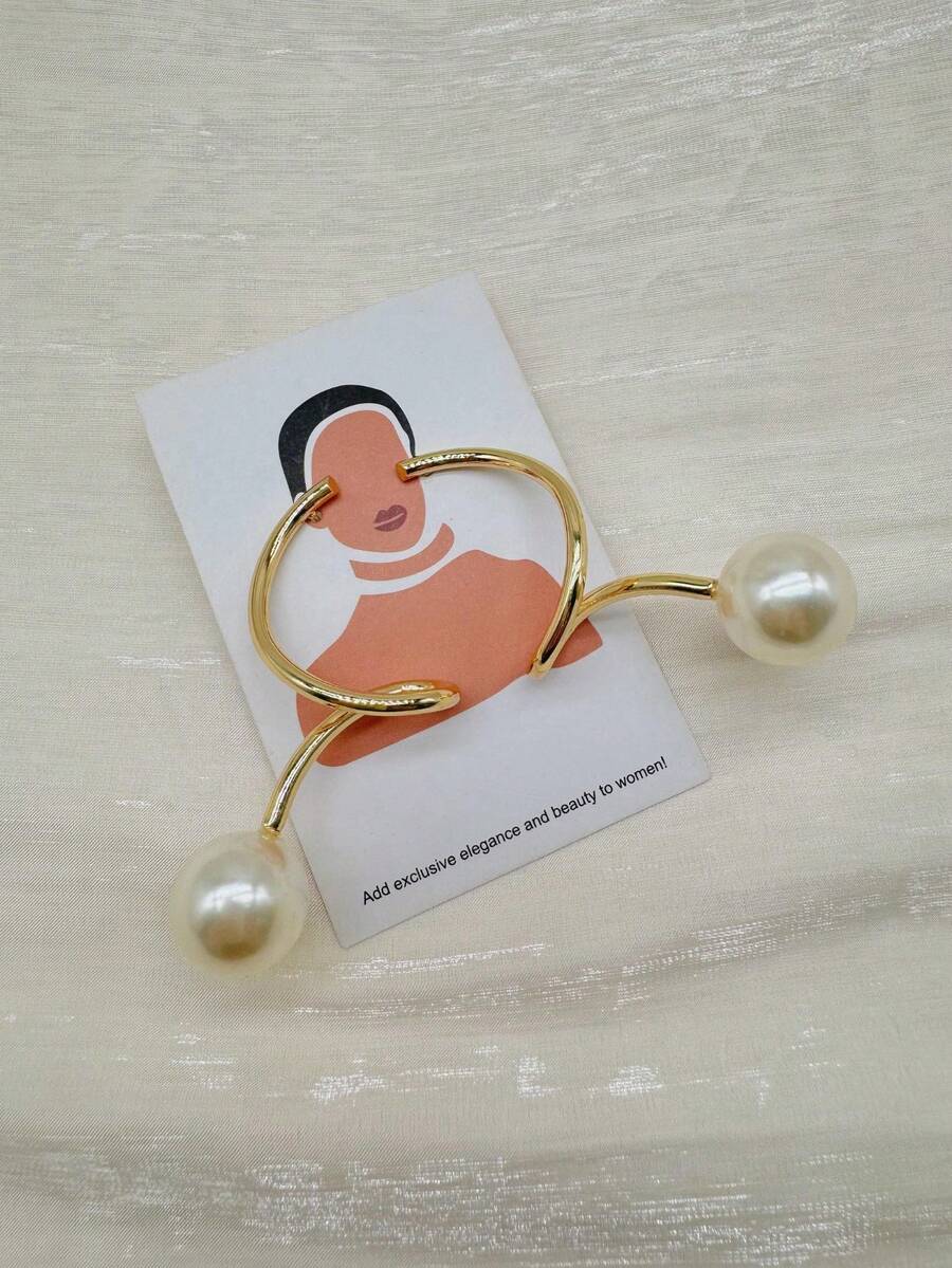Women's Earring Line Design With Pearl Vintage Luxury Elegant Fashion - 金色 - 查看 1