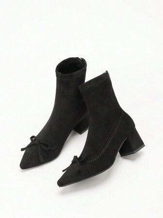 Pointed Toe Bow Accent French Suede Elastic Ankle Boots, Black Chunky Heel Short Booties For Women In Autumn/Winter