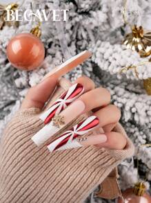 使用 BEGAVET 10 件圣诞指甲提升您的外观，手工制作的沙龙品质毛衣按压指甲，华丽的红白法式指甲，超长棺材独家设计的 3D 指甲，带有 3D 饰品，适合新年派对和日常穿着 - 紅色 - 查看 4