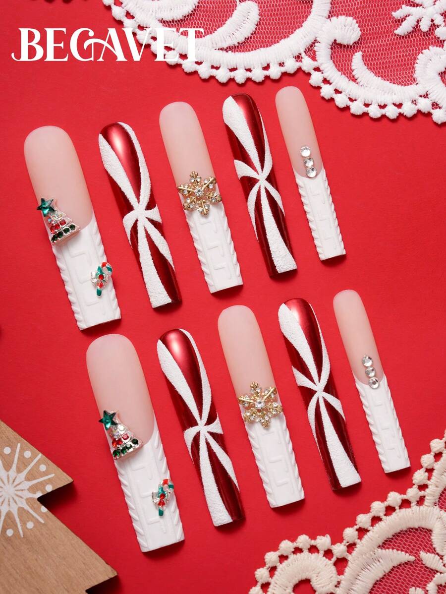 使用 BEGAVET 10 件圣诞指甲提升您的外观，手工制作的沙龙品质毛衣按压指甲，华丽的红白法式指甲，超长棺材独家设计的 3D 指甲，带有 3D 饰品，适合新年派对和日常穿着 - 紅色 - 查看 1