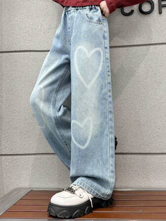 Tween Girl Spring And Autumn Heart Printed Wide Leg Jeans, 1pc