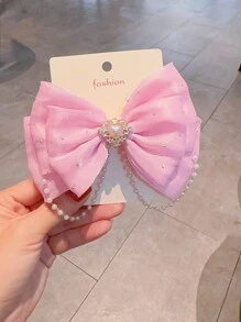 1pc Fashion Girls Pearl & Rhinestone Bowknot Hair Clip, Without Card Packaging - Pink - View 2