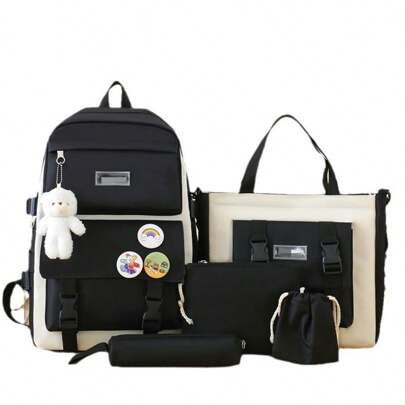 Mochila escolar para estudiantes de 5 piezas, conjunto de mochila, mochila para computadora portátil, bolso de hombro, bolso de papelería, billetera, bolso escolar de dibujos animados lindo, negro