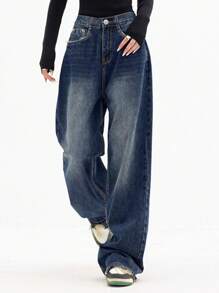 Women's Wide Leg Jeans, Mid Waist Loose Jeans, Women's Loose Boyfriend Jeans, Suitable For Daily Street Wear - Rửa tối - Xem 1