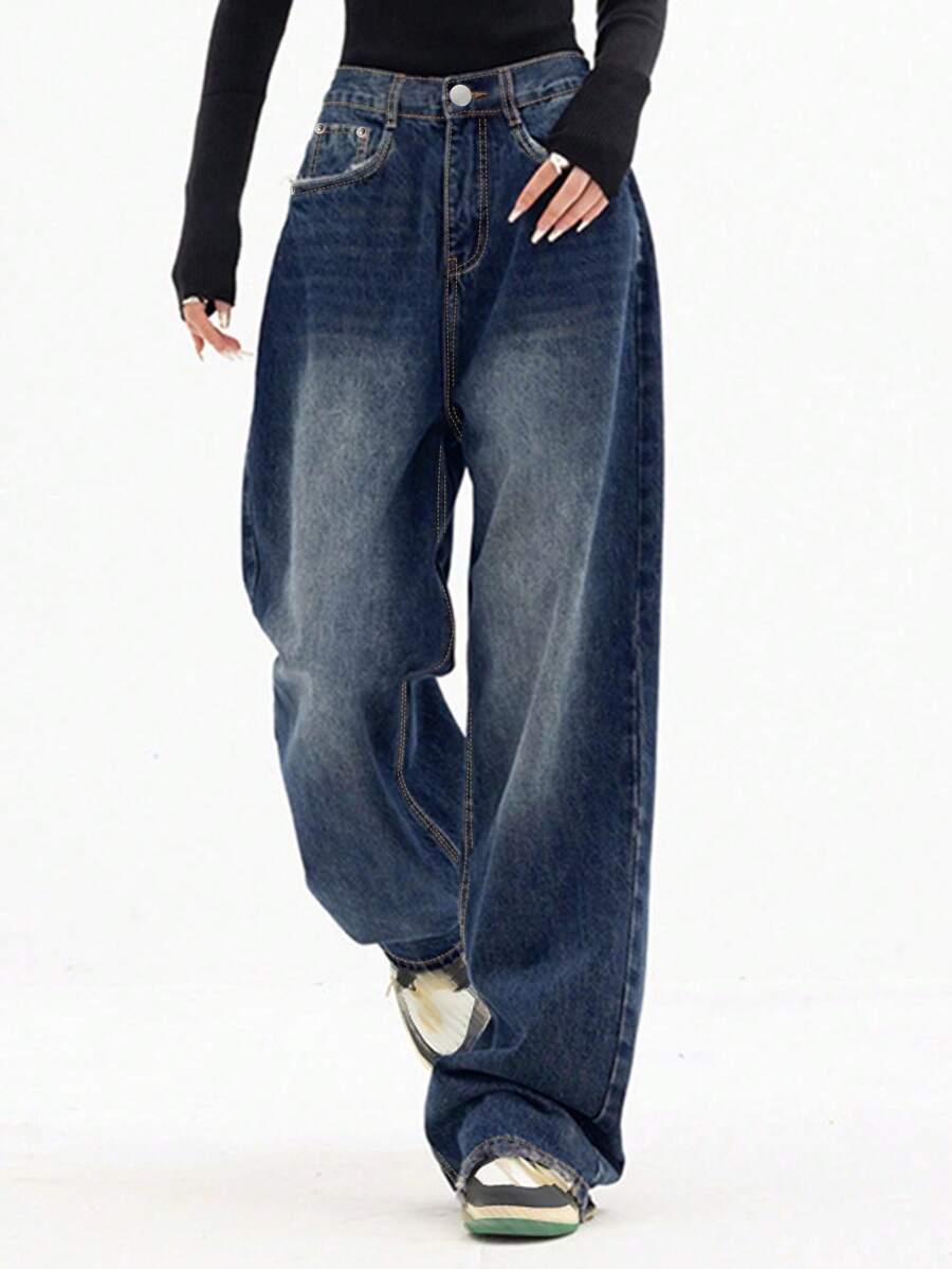 Women's Wide Leg Jeans, Mid Waist Loose Jeans, Women's Loose Boyfriend Jeans, Suitable For Daily Street Wear - Rửa tối - Xem 1