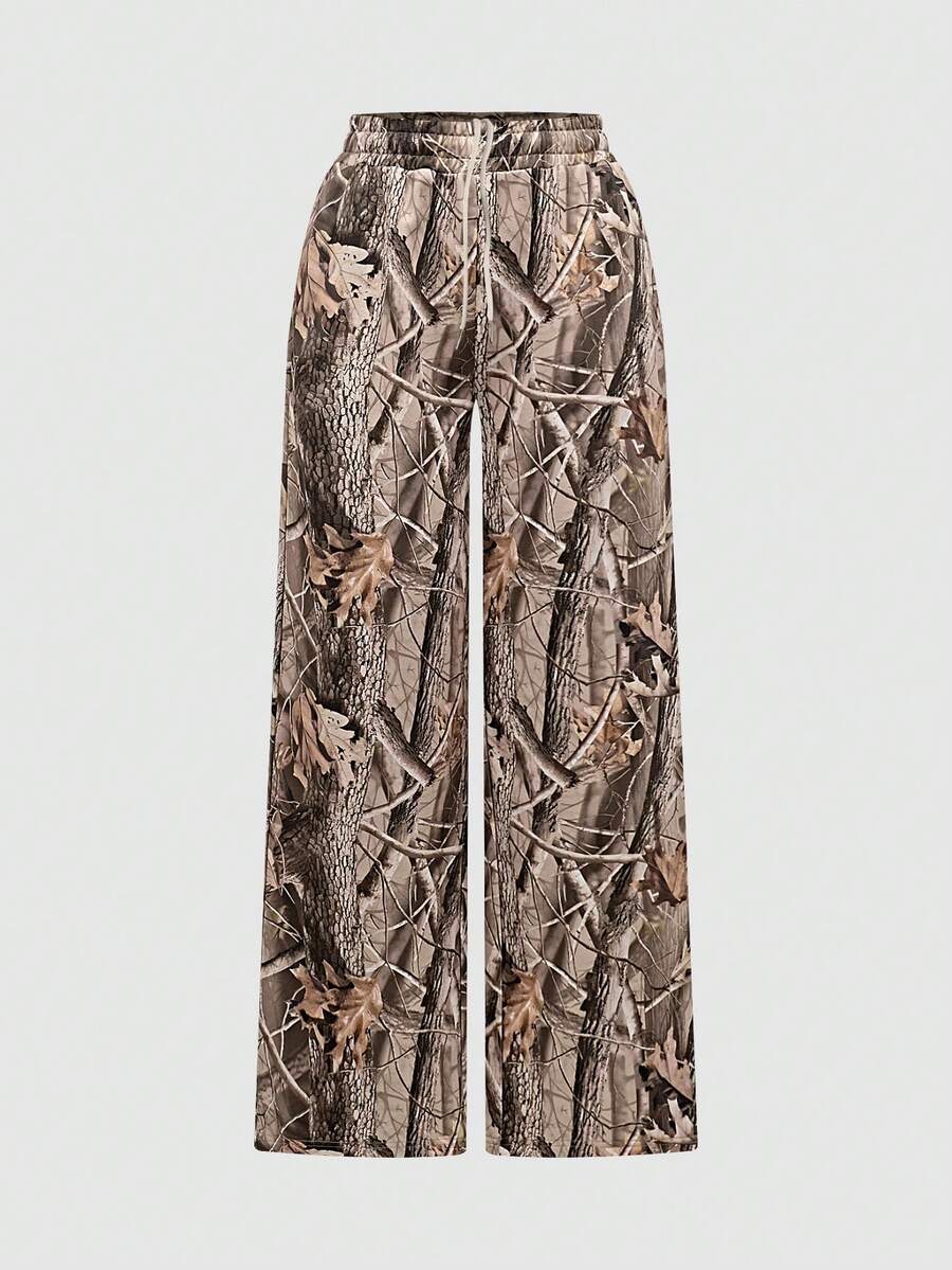 Quần dài in hình lá co giãn có dây rút cạp rộng cho nữ mùa thu/đông - Nhiều màu - Xem 1