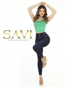 SAVIJEANS Women's Jeans In Stretch Denim - Push Up Effect, High Waist, Super Skinny Short Cut: Women's Pants - 深色水洗藍 - 查看 1