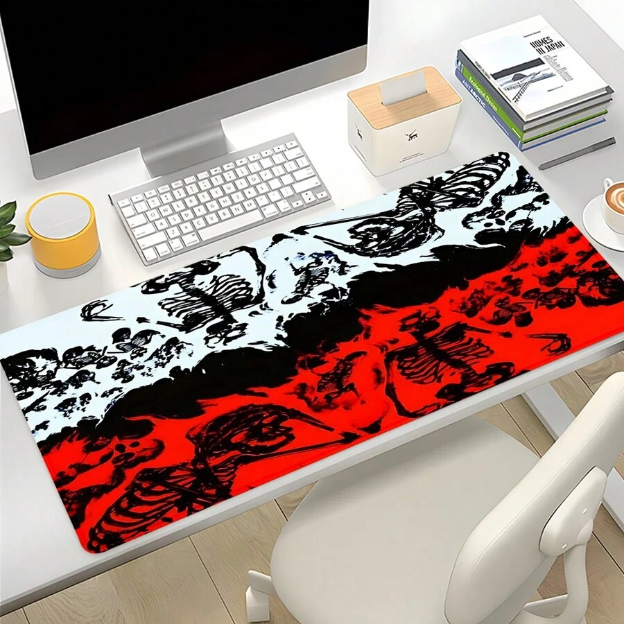 Inferno 骷髅图案鼠标垫 红白设计桌垫 办公桌配件 带缝边防滑 XL 鼠标垫 橡胶底座键盘垫 35.4x15.7 英寸 电子竞技桌垫 适用于办公室家居礼品 男士 - 彩色 - 查看 1