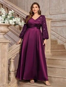 加大 V 领灯笼袖花卉亮片蕾丝撞色缎面舞会晚会礼服、婚礼宾客礼服，适合节日、毕业典礼、晚宴、返校节