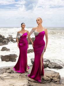 Faeriesty Váy dự tiệc bằng vải satin xẻ tà đính đá sang trọng, váy dự tiệc cưới, váy dạ hội trang trọng, dành cho khách dự tiệc cưới, tốt nghiệp, tiệc tối - Màu Hồng Tươi - Xem 6