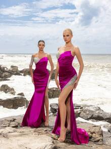 Faeriesty Váy dự tiệc bằng vải satin xẻ tà đính đá sang trọng, váy dự tiệc cưới, váy dạ hội trang trọng, dành cho khách dự tiệc cưới, tốt nghiệp, tiệc tối - Màu Hồng Tươi - Xem 2