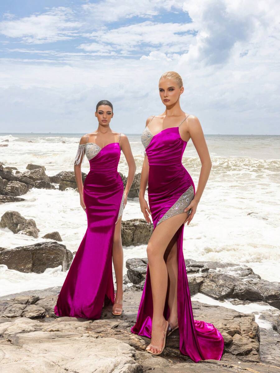 Faeriesty Váy dự tiệc bằng vải satin xẻ tà đính đá sang trọng, váy dự tiệc cưới, váy dạ hội trang trọng, dành cho khách dự tiệc cưới, tốt nghiệp, tiệc tối