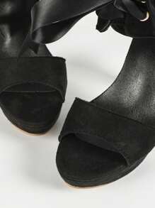 Black Velvet Hollow Out Bow Decor Roman Style Open Toe Platform High Heel Sandals For Women - Black - View 6