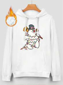 Oversized Style For Women, Women's Plus Size Christmas Hoodie, Festive Snowman & Letter Print, Short Sleeve, Round Neck, Machine Washable, A Double-Layer Hood Hoodie, Fleece Lining For Excellent Warmth