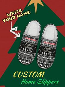 Women's Name Custom Christmas Slippers, Black Christmas Pixel Grid Designed Lightweight Comfortable Soft Bottom Slippers For Women, Personalized Fun Christmas Gift For Mom/Dad/Her/Him/Girlfriend/Boyfriend/Wife/Husband/Friend - White - View 1