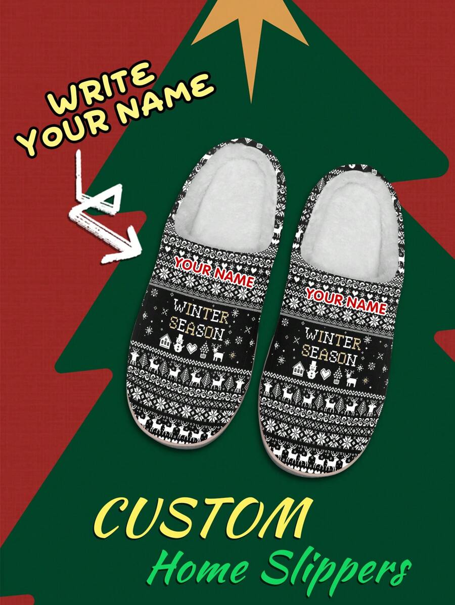 Women's Name Custom Christmas Slippers, Black Christmas Pixel Grid Designed Lightweight Comfortable Soft Bottom Slippers For Women, Personalized Fun Christmas Gift For Mom/Dad/Her/Him/Girlfriend/Boyfriend/Wife/Husband/Friend - White - View 1