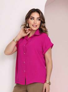 camisa feminina manga curta japonesa tecido duna com botão dourado redondo - Fúcsia - Visão 2