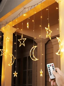 1pc Remote-Controlled LED Star And Moon String Lights, Flashing Curtain Light String, Battery Powered Christmas Decoration String Lights, Bedroom New Year, Christmas, Thanksgiving, Birthday, Wedding Party Decorationchristmas Decor Christmas Gift Thanksgiving Christmas Tree Decor Ornaments Christmas Light Bedroom Decor Home Decor Party Decor Holiday Festival Room Decor - Battery Box - View 1