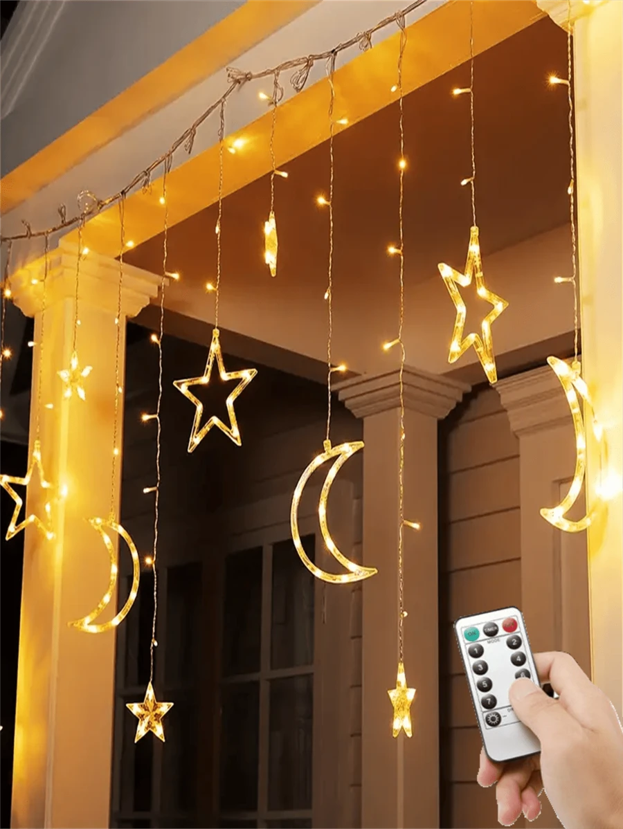 1pc Remote-Controlled LED Star And Moon String Lights, Flashing Curtain Light String, Battery Powered Christmas Decoration String Lights, Bedroom New Year, Christmas, Thanksgiving, Birthday, Wedding Party Decorationchristmas Decor Christmas Gift Thanksgiving Christmas Tree Decor Ornaments Christmas Light Bedroom Decor Home Decor Party Decor Holiday Festival Room Decor - Battery Box - View 1