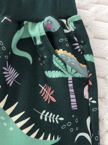 全新年轻男童秋冬卡通恐龙印花休闲可爱两件套 - 墨綠色 - 查看 8