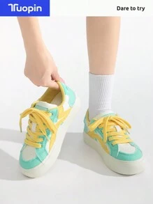 Giày thể thao TuoPin Green dành cho nữ, Giày thường ngày dành cho nữ, Giày đế xuồng dành cho nữ, Giày thể thao phối màu, Giày cơ bản hợp thời trang dành cho nữ - Màu vàng-xanh - Xem 7