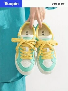 Giày thể thao TuoPin Green dành cho nữ, Giày thường ngày dành cho nữ, Giày đế xuồng dành cho nữ, Giày thể thao phối màu, Giày cơ bản hợp thời trang dành cho nữ - Màu vàng-xanh - Xem 2