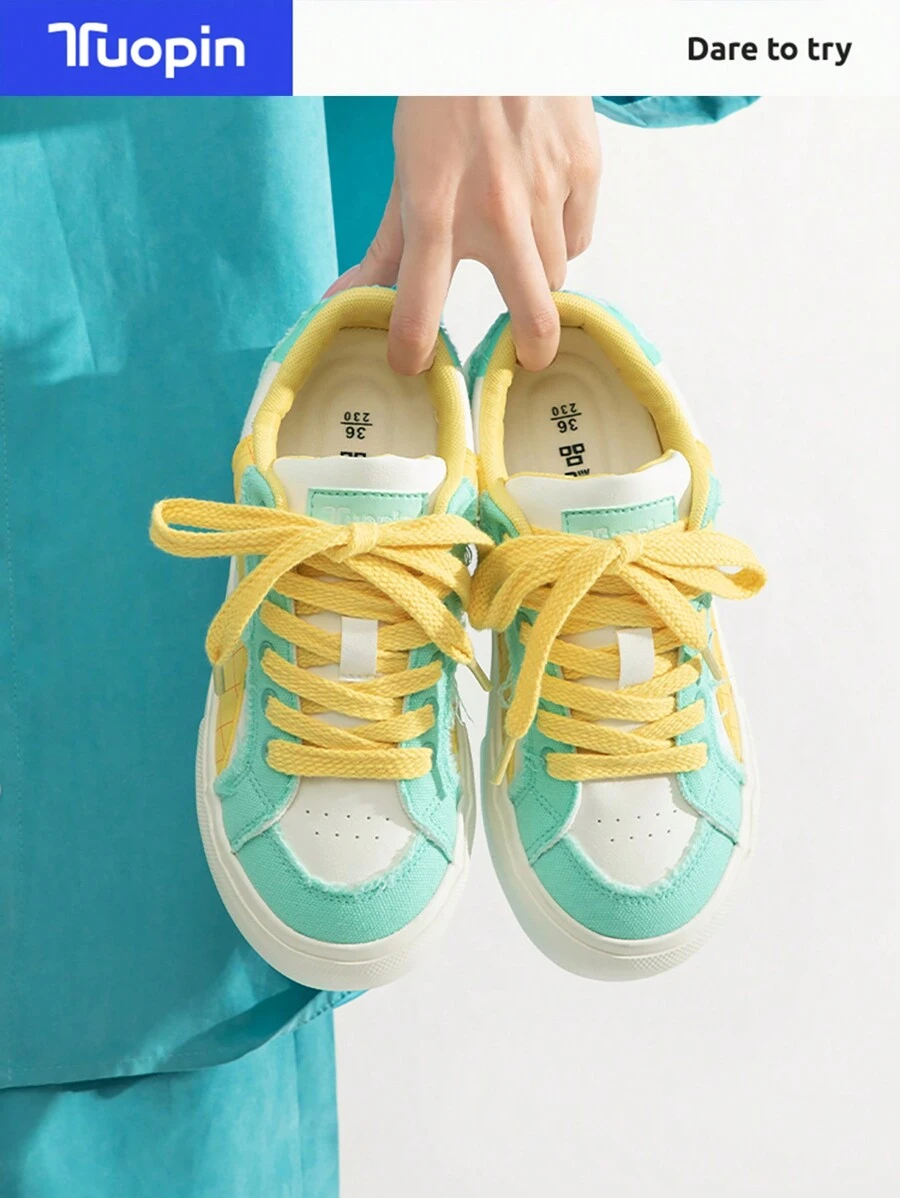 Giày thể thao TuoPin Green dành cho nữ, Giày thường ngày dành cho nữ, Giày đế xuồng dành cho nữ, Giày thể thao phối màu, Giày cơ bản hợp thời trang dành cho nữ