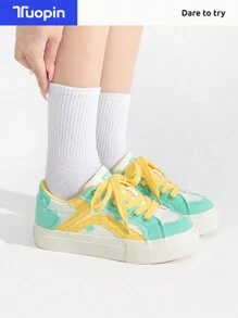 Giày thể thao TuoPin Green dành cho nữ, Giày thường ngày dành cho nữ, Giày đế xuồng dành cho nữ, Giày thể thao phối màu, Giày cơ bản hợp thời trang dành cho nữ - Màu vàng-xanh - Xem 8