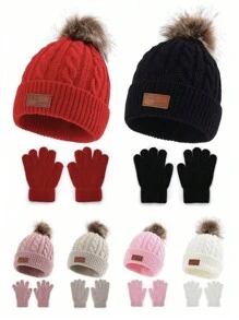 2 件套儿童字母印花保暖户外冬季针织帽和手套套装，秋冬 - M3-2pc純色單球兩件套 - 查看 2