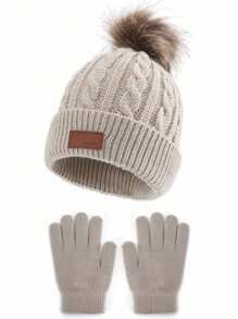 2 件套儿童字母印花保暖户外冬季针织帽和手套套装，秋冬 - M3-2pc純色單球兩件套 - 查看 6