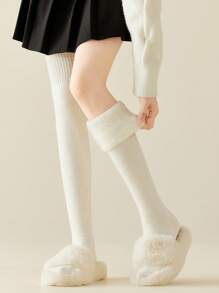 1 Pair Wool Thigh High Socks For Women, White, Thick, Warm And Furry, Suitable For Autumn/Winter