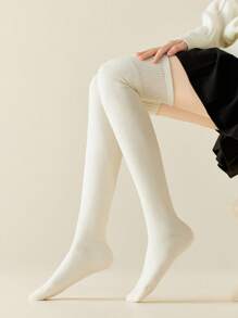 1 Pair Wool Thigh High Socks For Women, White, Thick, Warm And Furry, Suitable For Autumn/Winter