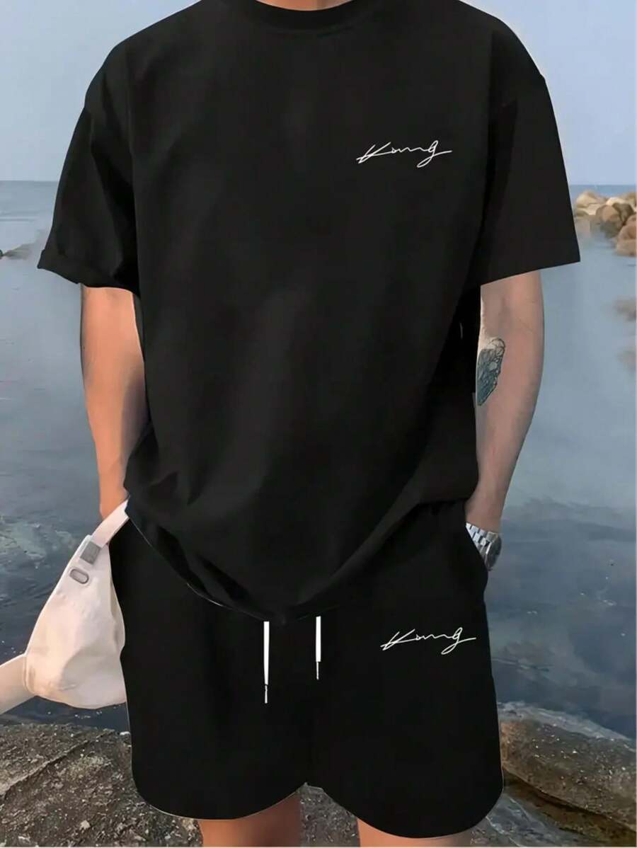 Men's Set King Signature Of The King T-Shirt + Shorts Men's Fashion Streetwear 100% Cotton Shirt And Tactel Shorts - 黑色 - 查看 1