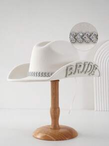 1PC Women's White Solid Color Shiny Wide-Brimmed Cowboy Hat. 2024 Wedding Essentials,Unique Luxurious Crystal Square Small Bright Diamond Colored Gemstone Paired Eye Shape With Faux Pearl Letter 'BRIDE' Bridal Hat.