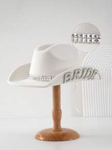 1PC Women's White Solid Color Shiny Wide-Brimmed Cowboy Hat. 2024 Wedding Essentials,Unique Luxurious Crystal Square Small Bright Diamond Colored Gemstone Paired Eye Shape With Faux Pearl Letter 'BRIDE' Bridal Hat.